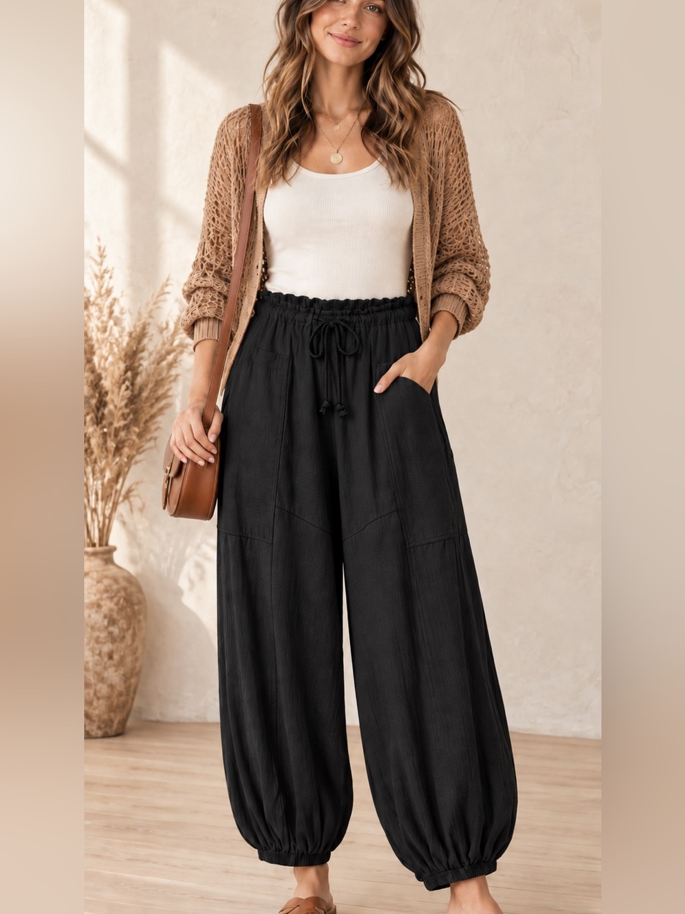 NWT HYFVE Black Gauze Balloon Harem Pants Boho Size Large